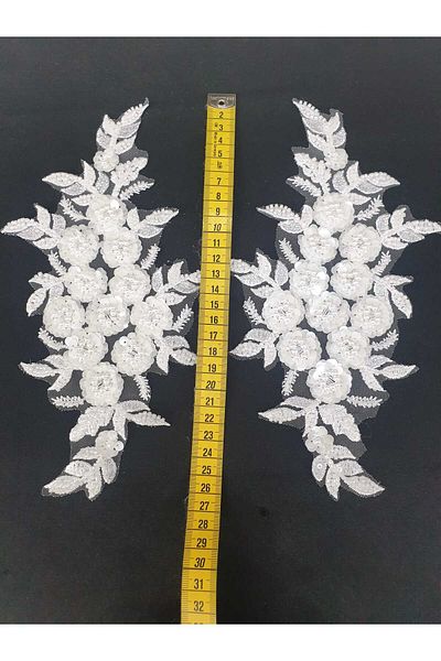 ESRA ŞELEM White Small Floral Beaded Brode Guipure Applique Sewing Accessory 2Pcs