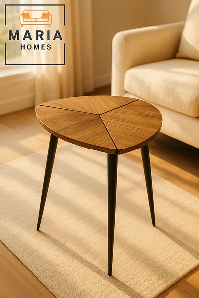 MARIA HOMES Triangular Side Table with Wood Grain Top and Black Legs