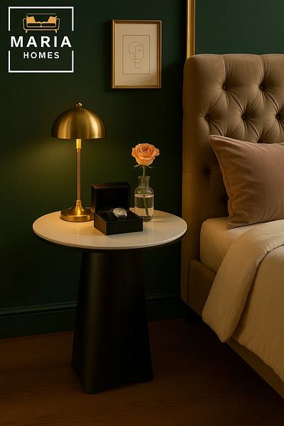 MARIA HOMES Round White Top Side Table with Modern Black Tripod Base