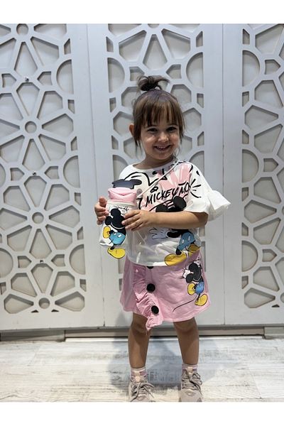 KUMRUNUN DÜNYASI Short Sleeve Elastic Waist T-Shirt Shorts Skirt and Bag 3Pcs Girls Bottom Top Set