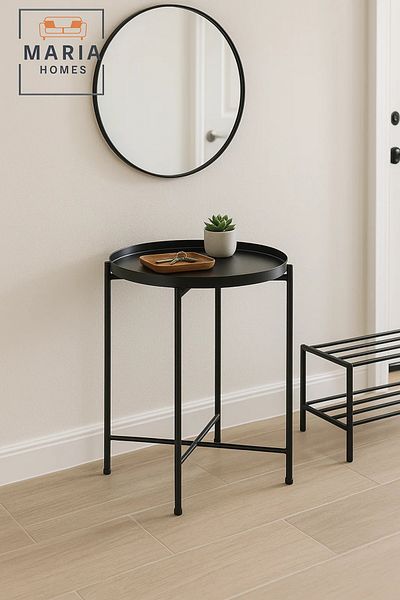 MARIA HOMES Modern Black Metal Round Table – Minimalist Pedestal Base Design