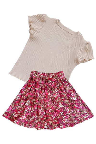 MODA59 Girl's Skirt Suit, Skirt T-Shirt Suit, Floral Skirt Twill Ecru T-Shirt