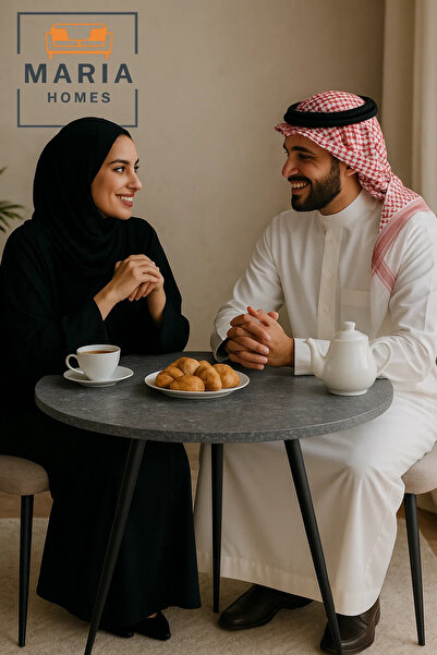 MARIA HOMES Round Stone-Effect Side Table with Black Tapered Legs
