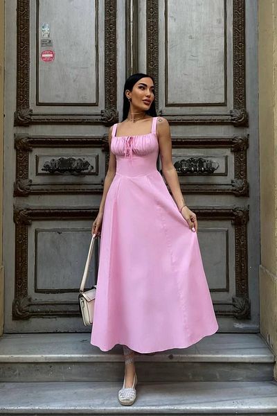 Seda Yalçın Atelier Rochie midi din poplin cu aspect corset roz pentru damă