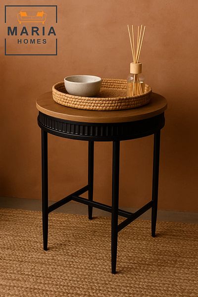 MARIA HOMES Round Wooden Side Table with Ribbed Black Edge and Cross-Leg Support