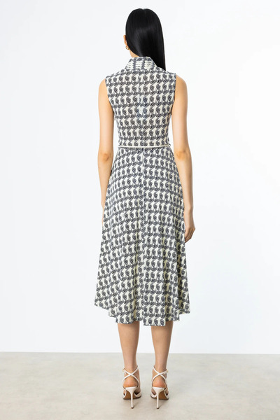 Ekol Kadın Beli Bağcıklı Desenli Elbise 5216 Lacivert