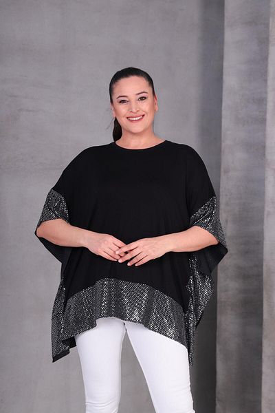 Ebsumu Women's Plus Size Sequined Design Black Blouse