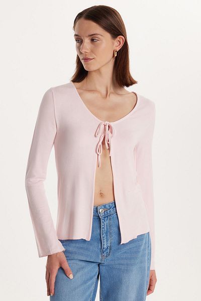 Tudors Women's Regular Fit Long Sleeve U Neck Tie Detail Viscose Pink Cardigan