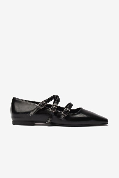Seniorah Black Skin Blunt Toe Three-Striped Women's Ballerinas