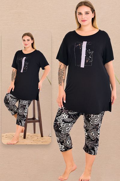 Jenny Daphne Large Size Floral Patterned Bottom Printed Crew Neck Short Sleeve Capri Pajama Set 10729