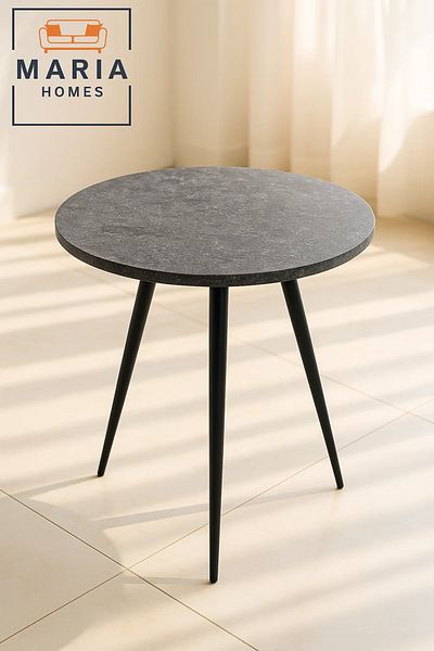 MARIA HOMES Round Stone-Effect Side Table with Black Tapered Legs