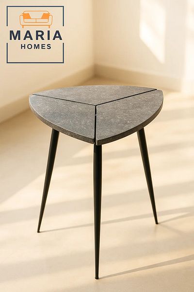 MARIA HOMES Triangular Side Table with Stone-Effect Top and Slim Black Metal Legs