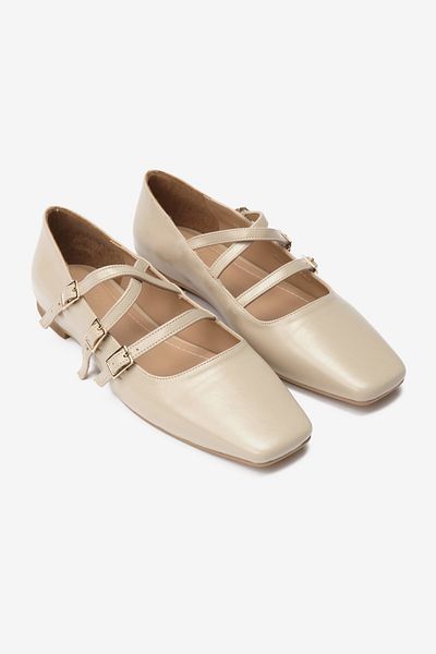 Seniorah Beige Skin Blunt Toe Three-Striped Women's Ballerinas