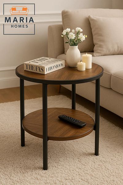 MARIA HOMES Round Wooden Side Table with Shelf – Herringbone Pattern & Black Frame