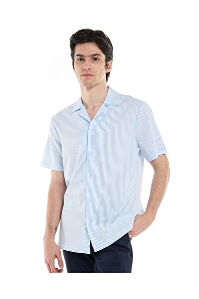 R&B Striped Shirt with Revere Collar and Short Sleeves