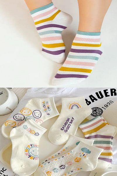 Esinti 5 Pairs Women's Ankle Length Pastel Colored Rainbow Patterned Booties Socks Set 5 Pieces