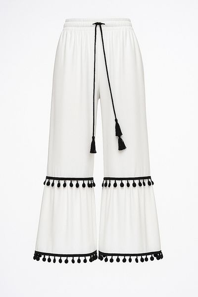 VAGGON Women's White Elastic Waist Tassel Detailed Wide Leg Woven Viscose Trousers Prmx12014