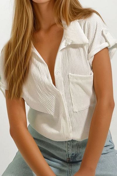 VAGGON Women's Ecru Cuffed Double Short Sleeve Textured Shirt Prmx8724