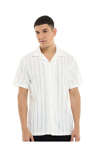 R&B Striped Shirt with Revere Collar and Short Sleeves