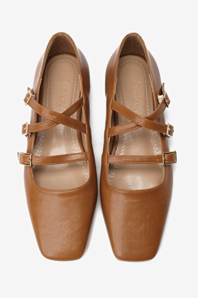 Seniorah Tan Skin Blunt Toe Three-Striped Women's Ballerinas