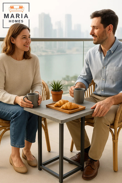 MARIA HOMES Square Stone-Texture Side Table with Black Metal Frame