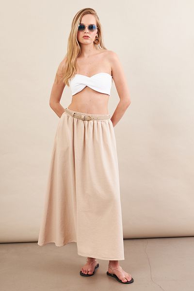 Cool & Sexy Women's Stone Linen Pocket Midi Skirt Rsp4440