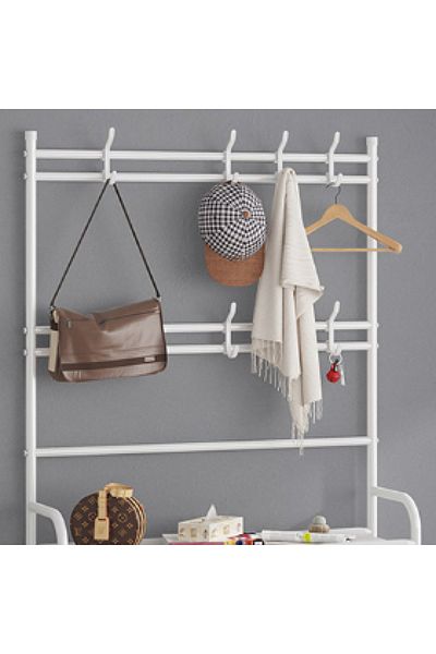 Un Multi-purpose metal shoe and clothing rack with hooks for hanging bags and hats