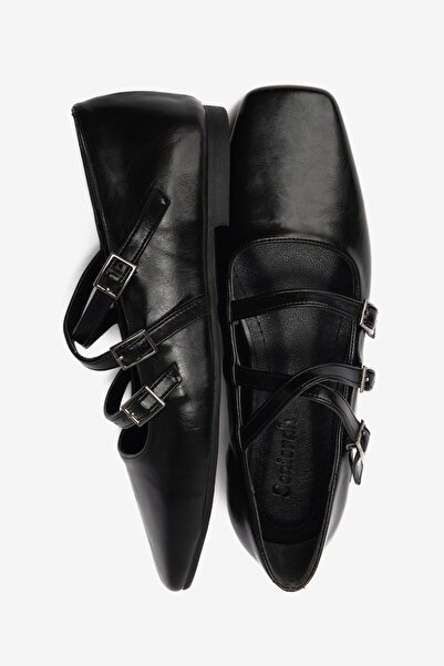 Seniorah Black Skin Blunt Toe Three-Striped Women's Ballerinas