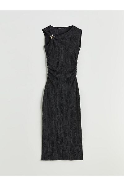 LC Waikiki LCWAIKIKI Κλασικό Γκρι Μίντι Φόρεμα Bodycon με Ρυθμιζόμενο Κύκλο S5QV11Z8NVY25