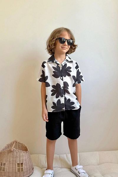 Minigimin Cicileri Little Boy's Boy's Suit with Muslin Shorts with Leaf Pattern - Black