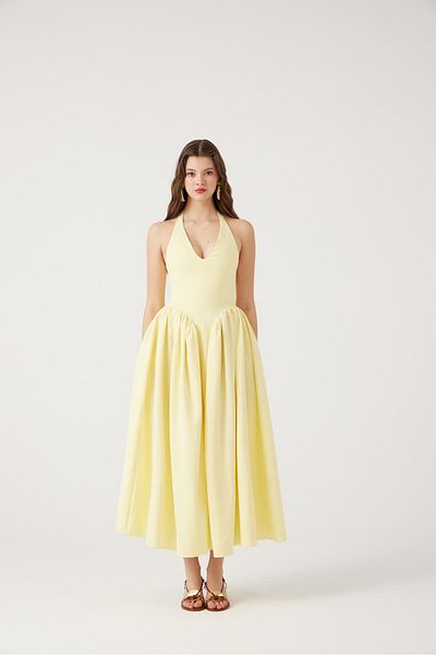 HOLLY LOLLY Halter Neck Waist Fitting Long Ophelia Dress Yellow