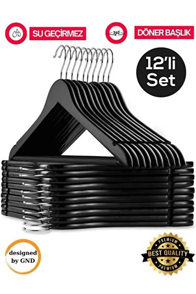 Hausgarten 12 Adet Ahşap Görünümlü A Kalite Plastik Elbise Askısı Siyah