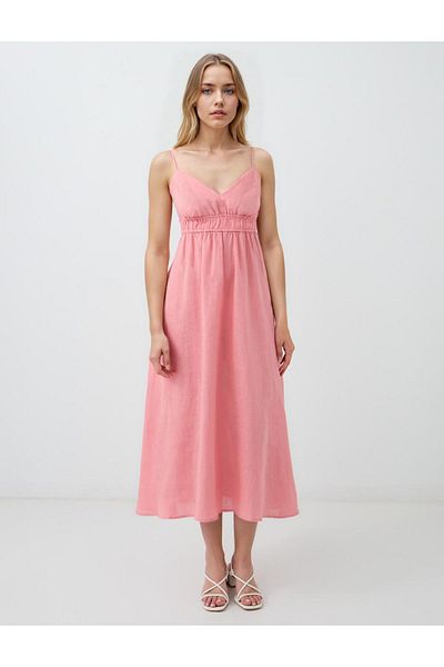 Jimmy Key Pink 100% Linen Strap V-Neck Midi Dress