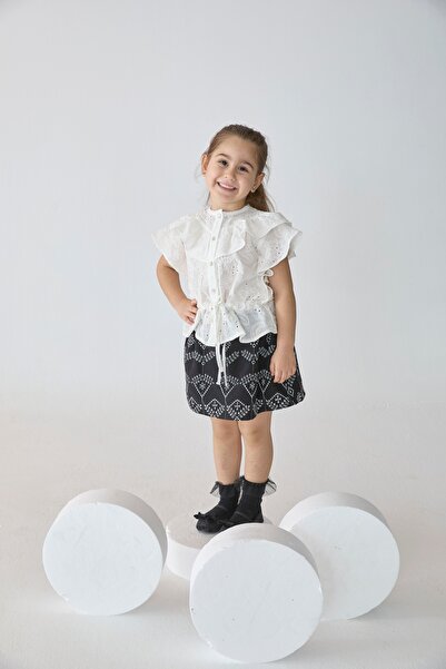 Patique Kids Black Cotton Brode Ethnic Patterned Girl's Skirt