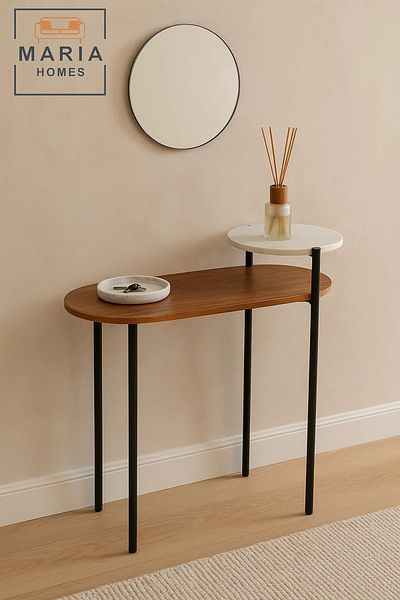 MARIA HOMES Two-Tier Side Table with Wood and White Marble Top – Stylish Contrast Design