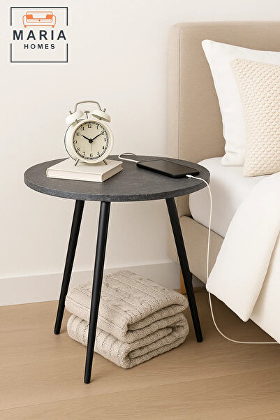 MARIA HOMES Round Stone-Effect Side Table with Black Tapered Legs