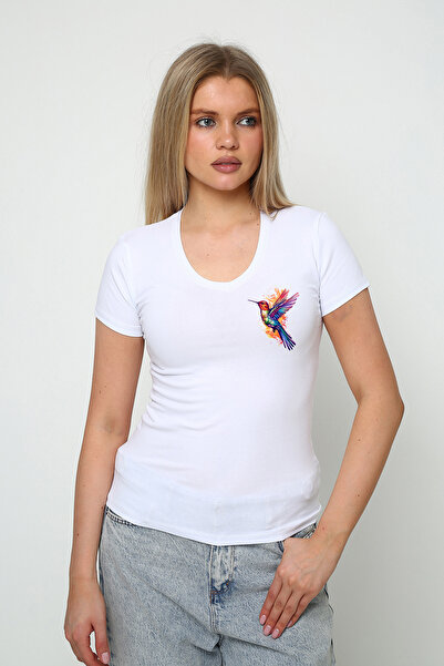 Oasis Супер якість V-подібний виріз з принтом пташки, облягаючий крій, короткі рукави, бавовна з еластаном, жіночий футболка
