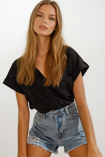 VAGGON Women's Black Cuffed Double Short Sleeve Textured Shirt Vgn-X8724