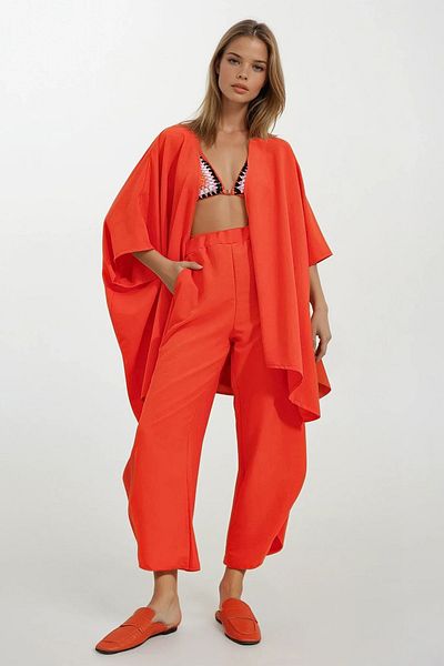 VAGGON Women's Orange Leg Slit Self-Textured Trousers and Jacket Double Suit Vgn-752-001