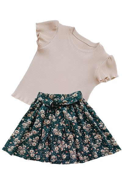 MODA59 Girl's Skirt Suit, Skirt T-Shirt Suit, Floral Skirt Twill Ecru T-Shirt