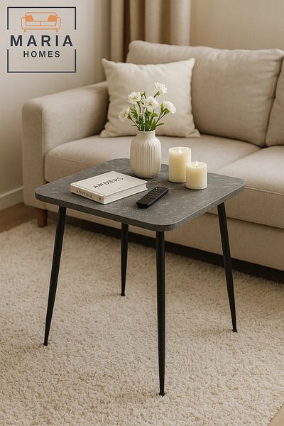 MARIA HOMES Stone-Look Square Side Table with Slim Black Legs