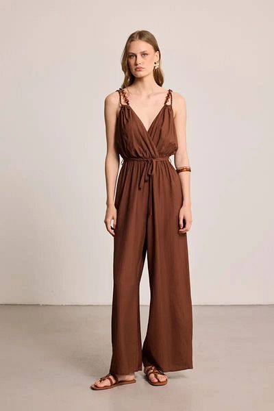 Gusto Jumpsuit with Straps and Bone Accessories - Brown