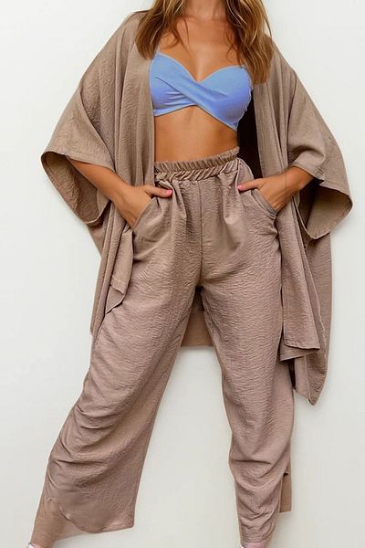 VAGGON Women's Beige Slit Leg Self-Textured Trousers and Jacket Double Suit Vgn-752-001