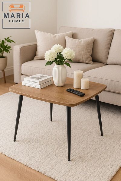 MARIA HOMES Square Wooden Side Table with Sleek Black Legs – Natural Finish