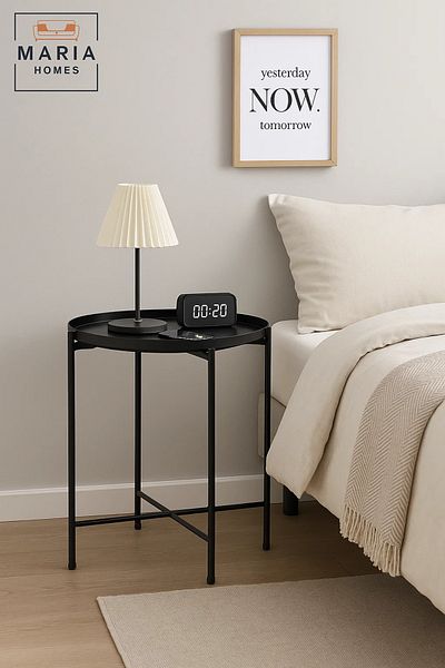 MARIA HOMES Modern Black Metal Round Table – Minimalist Pedestal Base Design