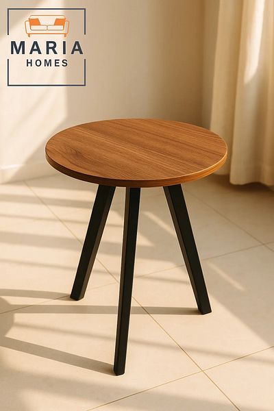 MARIA HOMES Minimalist Round Side Table with Wooden Top and Sturdy Black Legs