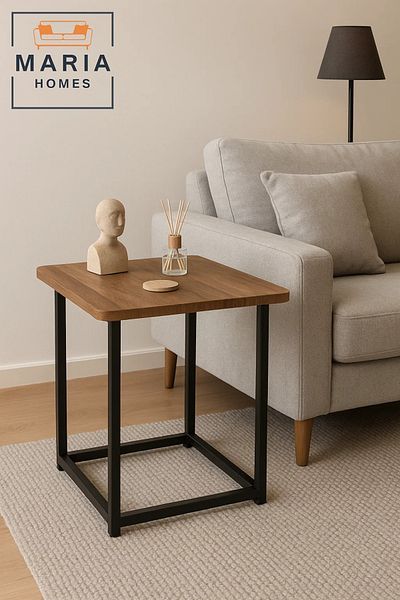 MARIA HOMES Square Wood Top Side Table with Black Metal Frame