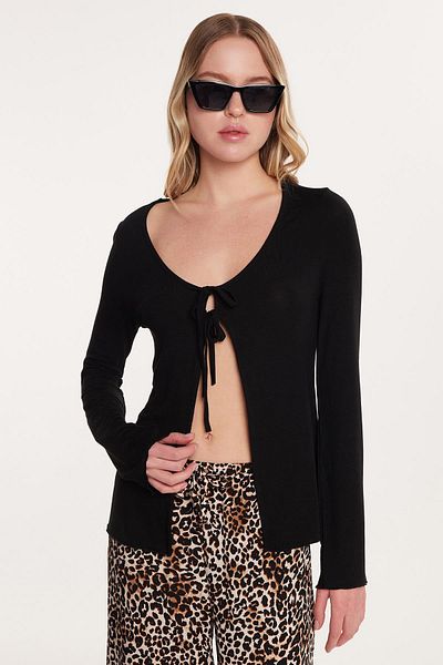 Tudors Women's Regular Fit Long Sleeve U Neck Tie Detail Viscose Black Cardigan