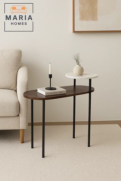 MARIA HOMES Dual-Level Side Table with Dark Wood and White Marble Top – Modern Chic Design