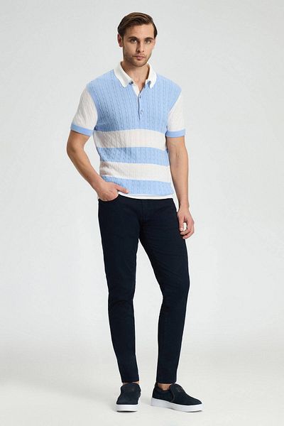 Hemington Light Blue Button Collar Hair Knit Mercerized Cotton Knitwear Polo